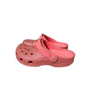 Crocs Classic Pink Size J1 Glitter Sparkle Clogs Slip-On Youth Girls Walk School